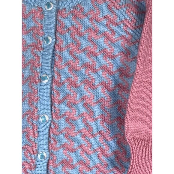Vintage Houndstooth Hand Knit Baby Sweater Pink Cardigan Preppy Retro Two Tone - Picture 3 of 9